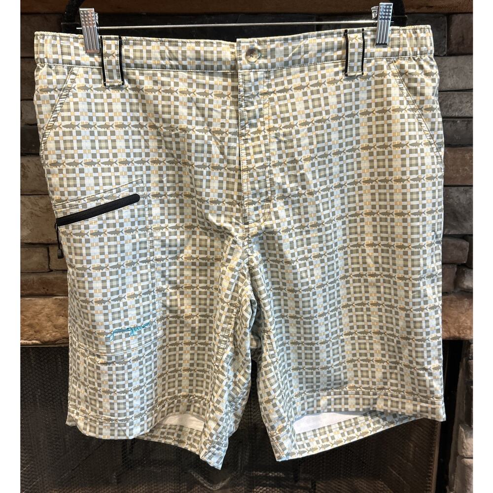 Men’s TRUE FLIES Green Plaid Fish Shell Creek Board Swim Shorts Size XL *C1